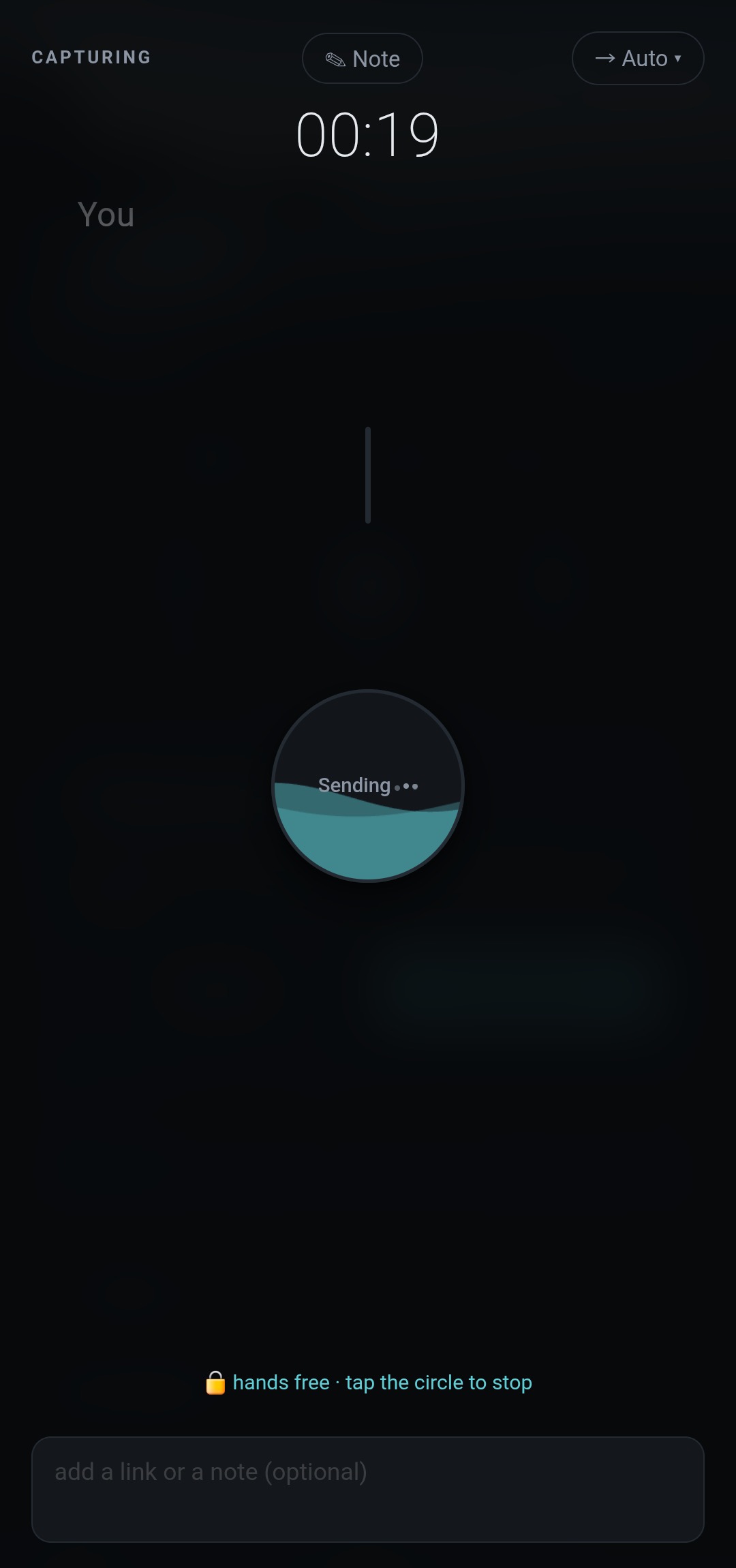 Collab's voice recorder mid-capture: a running timer, hands-free locked, and the capture circle filling as it sends